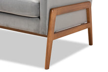 Load image into Gallery viewer, Baxton Studio Perris Mid-Century Modern Grey Velvet Fabric Upholstered and Walnut Brown Finished Wood Lounge Chair
