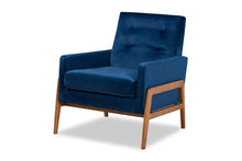 Load image into Gallery viewer, Baxton Studio Perris Mid-Century Modern Navy Blue Velvet Fabric Upholstered and Walnut Brown Finished Wood Lounge Chair