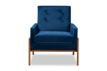 Load image into Gallery viewer, Baxton Studio Perris Mid-Century Modern Navy Blue Velvet Fabric Upholstered and Walnut Brown Finished Wood Lounge Chair