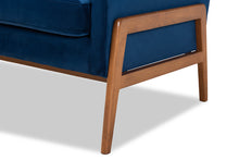 Load image into Gallery viewer, Baxton Studio Perris Mid-Century Modern Navy Blue Velvet Fabric Upholstered and Walnut Brown Finished Wood Lounge Chair