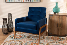 Load image into Gallery viewer, Baxton Studio Perris Mid-Century Modern Navy Blue Velvet Fabric Upholstered and Walnut Brown Finished Wood Lounge Chair