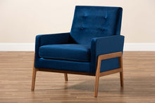 Load image into Gallery viewer, Baxton Studio Perris Mid-Century Modern Navy Blue Velvet Fabric Upholstered and Walnut Brown Finished Wood Lounge Chair