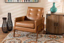 Load image into Gallery viewer, Baxton Studio Perris Mid-Century Modern Tan Faux Leather Upholstered and Walnut Brown Finished Wood Lounge Chair