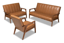 Load image into Gallery viewer, Baxton Studio Nikko Mid-century Modern Tan Faux Leather Upholstered and Walnut Brown finished Wood 3-Piece Living Room Set