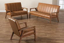 Load image into Gallery viewer, Baxton Studio Nikko Mid-century Modern Tan Faux Leather Upholstered and Walnut Brown finished Wood 3-Piece Living Room Set