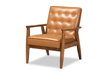 Load image into Gallery viewer, Baxton Studio Sorrento Mid-Century Modern Tan Faux Leather Upholstered and Walnut Brown Finished Wood Lounge Chair