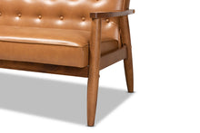 Load image into Gallery viewer, Baxton Studio Sorrento Mid-Century Modern Tan Faux Leather Upholstered and Walnut Brown Finished Wood Loveseat