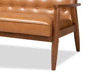 Load image into Gallery viewer, Baxton Studio Sorrento Mid-Century Modern Tan Faux Leather Upholstered and Walnut Brown Finished Wood Sofa