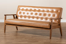 Load image into Gallery viewer, Baxton Studio Sorrento Mid-Century Modern Tan Faux Leather Upholstered and Walnut Brown Finished Wood Sofa