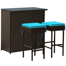 Load image into Gallery viewer, 3PCS Patio Rattan Wicker Bar Table Stools Dining Set-Turquoise