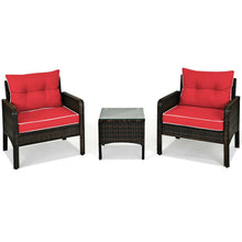 Load image into Gallery viewer, 3 Pcs Outdoor Patio Rattan Conversation Set with Seat Cushions-Red