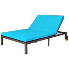 Load image into Gallery viewer, A turquoise 2-person patio rattan lounge chair with adjustable backrest and acacia wood wheels.