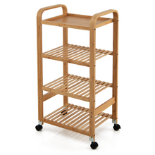 Load image into Gallery viewer, 4-Tier Bamboo Mobile Kitchen Serving Trolley Cart with Storage Shelf and Lockable Casters-Natural