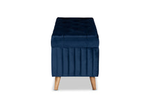 Load image into Gallery viewer, Baxton Studio Hanley Modern and Contemporary Navy Blue Velvet Fabric Upholstered and Walnut Brown Finished Wood Storage Ottoman