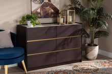 Load image into Gallery viewer, Baxton Studio Walker Modern and Contemporary Dark Brown and Gold Finished Wood 6-Drawer Dresser with Faux Marble Top