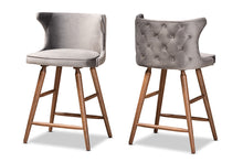 Load image into Gallery viewer, Baxton Studio Sagira Modern and Contemporary Transitional Grey Velvet Fabric Upholstered and Walnut Brown Finished Wood 2-Piece Counter Stool Set