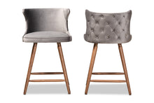 Load image into Gallery viewer, Baxton Studio Sagira Modern and Contemporary Transitional Grey Velvet Fabric Upholstered and Walnut Brown Finished Wood 2-Piece Counter Stool Set