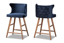 Load image into Gallery viewer, Baxton Studio Sagira Modern and Contemporary Transitional Navy Blue Velvet Fabric Upholstered and Walnut Brown Finished Wood 2-Piece Counter Stool Set