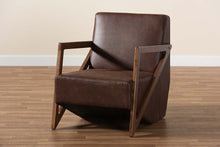 Load image into Gallery viewer, Baxton Studio Christa Mid-Century Modern Transitional Dark Brown Faux Leather Effect Fabric Upholstered and Walnut Brown Finished Wood Accent Chair