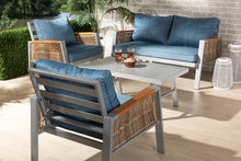 Load image into Gallery viewer, Baxton Studio Nicholson Modern and Contemporary Blue Fabric Upholstered and Grey Finished Metal with Brown Finished PE Rattan 4-Piece Outdoor Patio Lounge Set