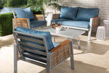Load image into Gallery viewer, Baxton Studio Nicholson Modern and Contemporary Blue Fabric Upholstered and Grey Finished Metal with Brown Finished PE Rattan 4-Piece Outdoor Patio Lounge Set