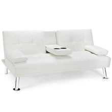 Load image into Gallery viewer, Convertible Folding Leather Futon Sofa with Cup Holders and Armrests-White