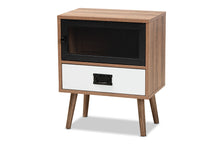 Load image into Gallery viewer, Baxton Studio Hubbard Mid-Century Modern Two-Tone Natural Brown and White Finished Wood and Black Metal 1-Drawer Nightstand
