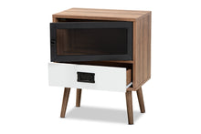 Load image into Gallery viewer, Baxton Studio Hubbard Mid-Century Modern Two-Tone Natural Brown and White Finished Wood and Black Metal 1-Drawer Nightstand