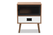 Load image into Gallery viewer, Baxton Studio Hubbard Mid-Century Modern Two-Tone Natural Brown and White Finished Wood and Black Metal 1-Drawer Nightstand