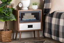 Load image into Gallery viewer, Baxton Studio Hubbard Mid-Century Modern Two-Tone Natural Brown and White Finished Wood and Black Metal 1-Drawer Nightstand