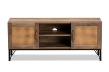 Load image into Gallery viewer, Baxton Studio Veanna Bohemian Natural Brown Finished Wood and Black Metal 2-Door TV Stand with Synthetic Rattan