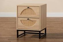Load image into Gallery viewer, Baxton Studio Ardon Bohemian Light Brown Finished Wood and Black Metal 1-Drawer Nightstand with Natural Rattan