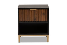 Load image into Gallery viewer, Baxton Studio Uriel Mid-Century Modern Transitional Two-Tone Natural Brown and Black Finished Wood and Brushed Gold Metal 1-Drawer Nightstand