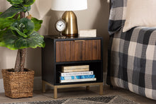 Load image into Gallery viewer, Baxton Studio Uriel Mid-Century Modern Transitional Two-Tone Natural Brown and Black Finished Wood and Brushed Gold Metal 1-Drawer Nightstand
