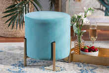 Load image into Gallery viewer, Baxton Studio Thurman Contemporary Glam and Luxe Sky Blue Velvet Fabric Upholstered and Gold Finished Metal Ottoman