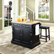 Load image into Gallery viewer, Oxford Kitchen Island W/Upholstered Saddle Stools Black - Kitchen Island, 2 Counter Height Bar Stools