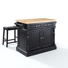 Load image into Gallery viewer, Oxford Kitchen Island W/Upholstered Saddle Stools Black - Kitchen Island, 2 Counter Height Bar Stools
