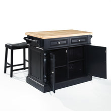 Load image into Gallery viewer, Oxford Kitchen Island W/Upholstered Saddle Stools Black - Kitchen Island, 2 Counter Height Bar Stools
