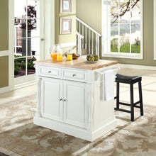 Load image into Gallery viewer, Oxford Kitchen Island W/Upholstered Saddle Stools White - Kitchen Island, 2 Counter Height Bar Stools