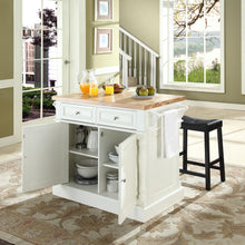 Load image into Gallery viewer, Oxford Kitchen Island W/Upholstered Saddle Stools White - Kitchen Island, 2 Counter Height Bar Stools