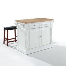 Load image into Gallery viewer, Oxford Kitchen Island W/Upholstered Saddle Stools White - Kitchen Island, 2 Counter Height Bar Stools