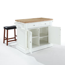 Load image into Gallery viewer, Oxford Kitchen Island W/Upholstered Saddle Stools White - Kitchen Island, 2 Counter Height Bar Stools
