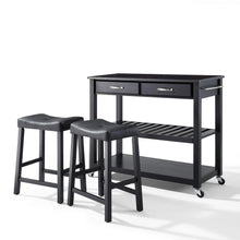 Load image into Gallery viewer, Granite Top Kitchen Prep Cart W/Uph Saddle Stools Black/Black - Kitchen Island & 2 Counter Stools