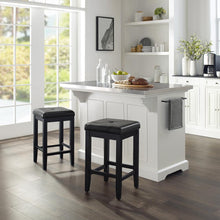 Load image into Gallery viewer, Julia Stainless Steel Top Island W/Uph Square Stools White/Black - Kitchen Island, 2 Counter Height Bar Stools
