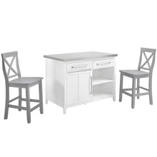 Load image into Gallery viewer, Silvia Stainless Steel Top Kitchen Island W/X-Back Stools White/Gray - Kitchen Island & 2 Stools