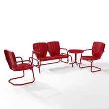 Load image into Gallery viewer, Ridgeland 4Pc Outdoor Metal Conversation Set Bright Red Gloss - Loveseat Glider, Side Table, & 2 Armchairs