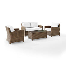 Load image into Gallery viewer, Bradenton 4Pc Outdoor Conversation Set - Sunbrella White/Weathered Brown - Loveseat, Coffee Table, & 2 Arm Chairs