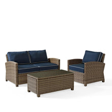 Load image into Gallery viewer, Bradenton 3Pc Outdoor Wicker Conversation Set Navy/Weathered Brown - Loveseat, Arm Chair, & Coffee Table