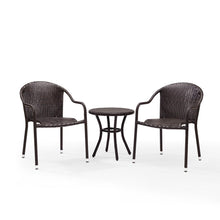 Load image into Gallery viewer, Palm Harbor 3Pc Outdoor Wicker Chair Set Brown - Round Side Table & 2 Stackable Chairs