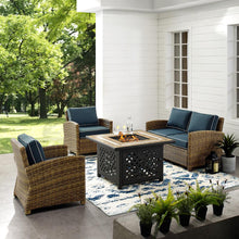 Load image into Gallery viewer, Bradenton 4Pc Outdoor Wicker Conversation Set W/Fire Table Weathered Brown/Navy - Loveseat, Tucson Fire Table, & 2 Arm Chairs